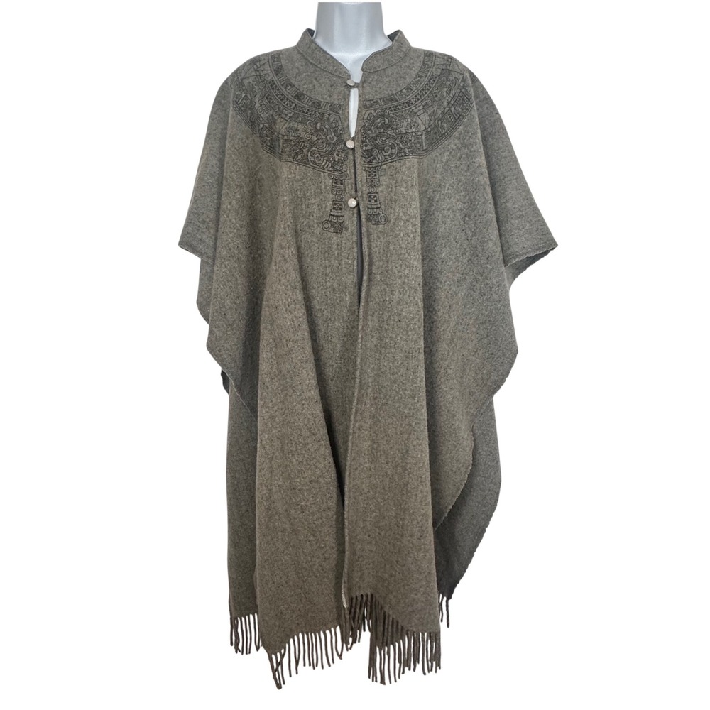 Molina Vintage 100% Wool Poncho Grey Aztec Calendar Print Fringe Made in‎ Mexico